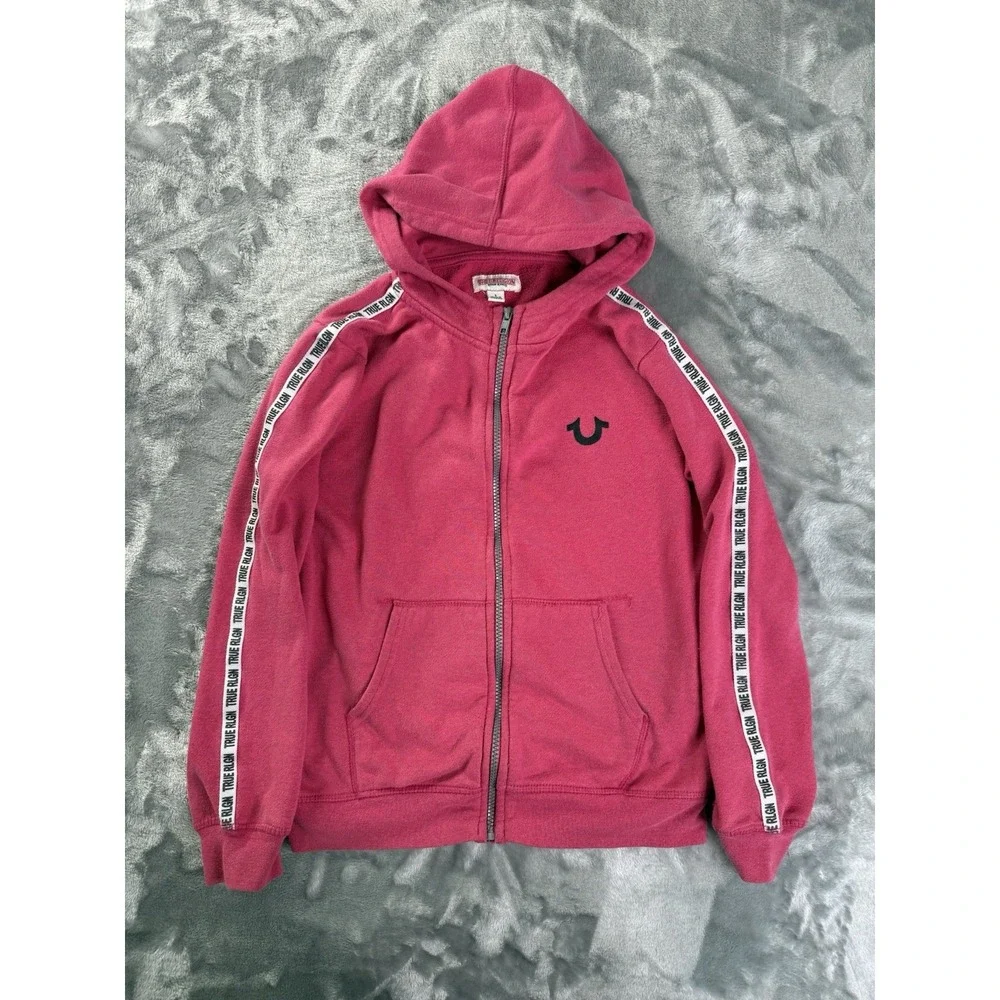 True Religion Silicone Tape PO Hot Pink Pullover Zip Up Hoodie Horseshoe Logo L